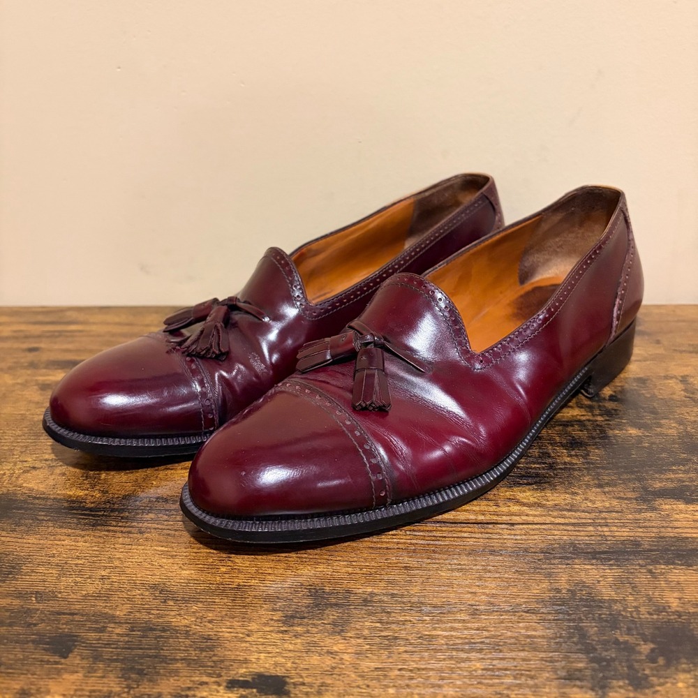 Salvatore Ferragamo Mens Burgundy Leather Tassel Loafers Brogue Cap Toe 8.5 D